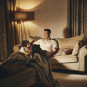 Cristiano Ronaldo, in a casual t-shirt, posing in a cozy living room. Family photo