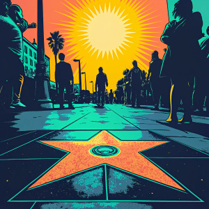 Tom Hanks's star on the Hollywood Walk of Fame. Bright sun shining, bustling crowd around