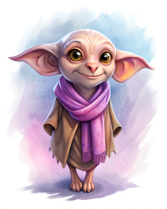 a happy Dobby standing in a purple scarf on a white background





