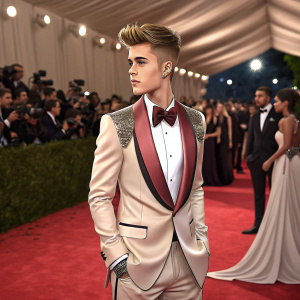 Justin Bieber at the Met Gala. Elegant suit, red carpet, crowded event.