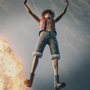 Monkey D. Luffy in a dynamic pose, floating with a fiery aura. Wears a red vest, brown shorts, and boots. Bright orange gradient background