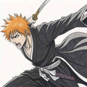 Detailed manga-style sketch of Ichigo Kurosaki, with intense facial expression and spiky hair. The artwork is monochromatic, utilizing shades of gray and black. Focus on dynamic action pose.