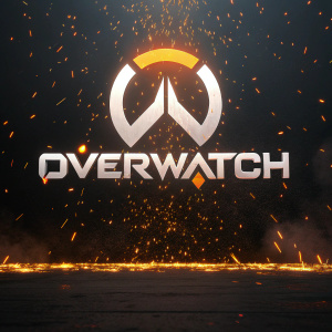A vibrant digital artwork featuring the Overwatch emblem. Set against a stark black backdrop, the logo stands out in striking white and orange hues. The text 'Overwatch' is rendered in a sleek, contemporary font.