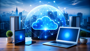 Cloud technology, computing. Devices connected to digital storage in the data center via the Internet, IOT, Smart Home Communication laptop, tablet, phone home devices with an online