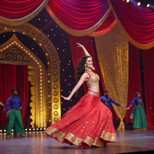 Elli Avram, Indian actress, performing a Bollywood dance. Vibrant stage, adorned with gold and red curtains. Background features a troupe of dancers in traditional attire.