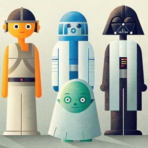 Pixel art illustration featuring iconic Star Wars characters: Luke Skywalker, Boba Fett, Darth Vader, Yoda, a female alien, and a brown-skinned alien. Simple, flat color palette. Neutral grey background.