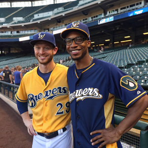 Eric Sogard and Keon Broxton, baseball players of the Milwaukee Brewers, posing in their team jerseys. A bustling stadium in the background with rows of empty seats.