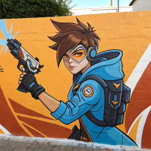 Digital graffiti art of Tracer from Overwatch, with vibrant colors and bold design. She's in a dynamic action pose, wearing blue hoodie and holding futuristic weapon. Warm orange background