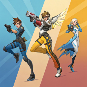 Profiles of female characters from Overwatch. A collage featuring Tracer, Mercy, and Ana. Each character in their iconic poses, set against a gradient background