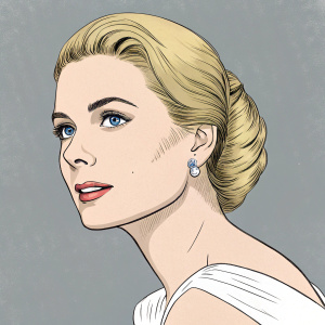 Cartoon illustration of Grace Kelly. Her blonde hair and blue eyes are highlighted. Background is simple gray. Pencil sketch style, with limited color palette.