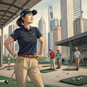Lee So-Young, golfer, wearing a navy polo shirt and khaki pants, standing on a bustling urban golf range.