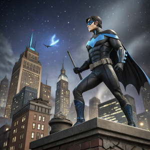 Nightwing action figure, standing on a Gotham city skyline base, with detailed batarang and utility belt accessories.