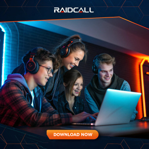 RaidCall's homepage features a vibrant design. A group of young gamers around a laptop. Dark theme with blue and orange highlights. Prominent 'Download Now' button. Modern and sleek layout.