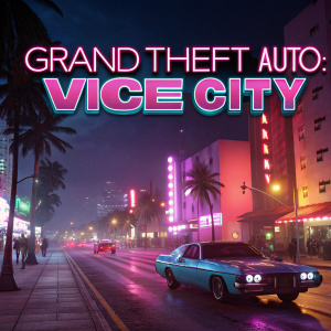 Promotional poster for 'Grand Theft Auto: Vice City'. High contrast, neon lights background