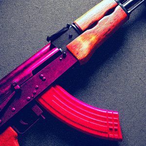 High-resolution detailed 3D rendering of an AK-47 assault rifle. Neutral gray background showcasing the wooden stock and long barrel, angular design, and the interplay of materials.