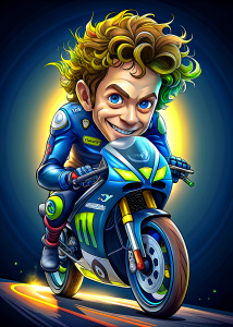  cartoon Valentino Rossi motorbike Yamaha ,    ultra detailed   , style pop art, , style watecolor, black background,r eady for print t-shirt, style art fabric, without horse


