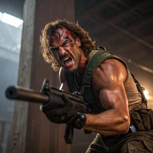 In Broforce, a game character adopts a menacing posture, brandishing a weapon. His face is contorted in a fierce expression, ready for combat.