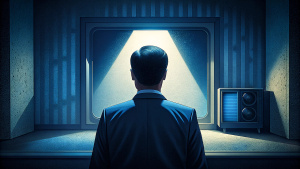 The silhouette of a man watching TV. The face is in shadow. the face is not visible, retro photography style, high detail, realism
