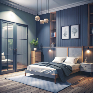 Create a scandinavian style bedroom.Bed, night tables, wardrope glass, framed oak door  large room