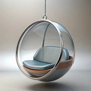 3D Render of a floating hanging bubble chair suspended from the ceiling, on isolated white background.