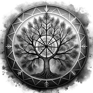 vegvisir geometric symbols - ragnar and trees - tattoo design - perfect realistic art - high-definition - grey and black - white background 