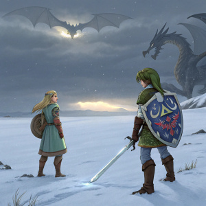 Link and Princess Zelda from The Legend of Zelda game, standing on a snowy tundra, facing a twilight dragon.