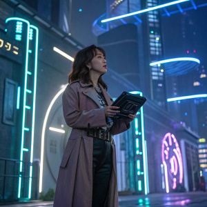 Yoon Eun-Hye, an Asian actress, in a futuristic setting. She stands in a neon-lit cityscape, holding a high-tech gadget surrounded by holographic projections and metallic structures.