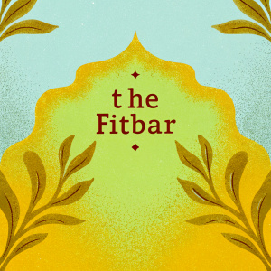 Transformation of The FitBar logo from a simple mystical design with plant elements to a more traditional green logo featuring leaf motifs and ancient Arabic script, showcased on a purple background.
