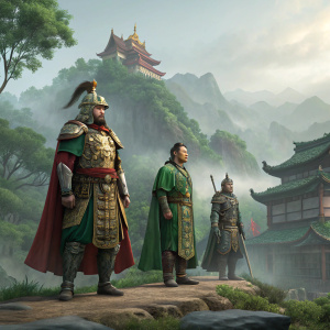 3D model of Liu Bei, Guan Yu, and Zhang Fei, standing in a digitally rendered ancient Chinese landscape.