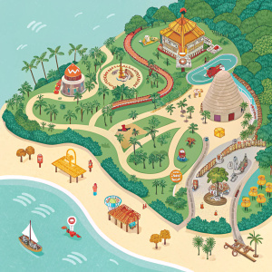 Interactive map of Xcaret, a vibrant theme park in Mexico. Bright colors highlight various attractions, winding paths, and themed zones.