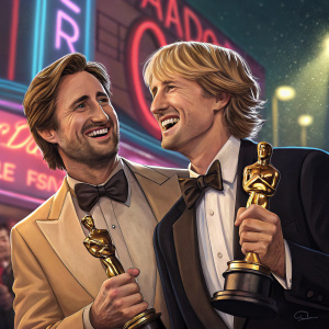 Luke Wilson and Owen Wilson at a glitzy Hollywood event. Holding Oscars, smiling. Neon lights in the background.