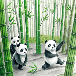 A few pandas play in the bamboo forest