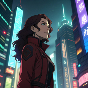Asami Sato, character from anime series. Dark brown hair, intense focus. In a futuristic cityscape, neon lights
