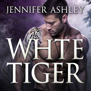 Front cover of Jennifer Ashley's novel 'White Tiger'. Muscular man with tiger overlay. Dark purple and grey tones