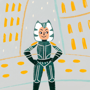 Ahsoka, in a sci-fi scene, wearing sleek, metallic armor with a futuristic headpiece. Confident pose in front of a neon-lit cityscape.