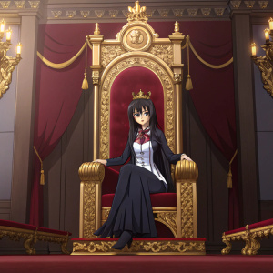 Kuroka from High School DxD in an anime-style illustration. Sitting on a throne-like chair in a lavishly decorated room, adorned with intricate gold and dark red furnishings.