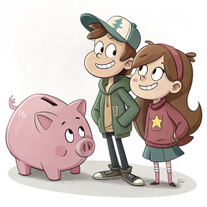 Arnold and Wendy from Gravity Falls, smiling. Pink piggy bank. Simple white background
