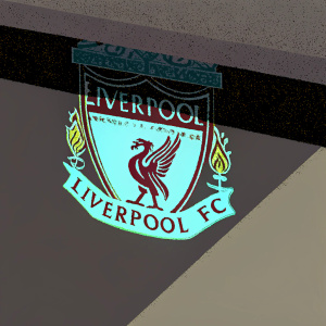 Vector illustration of Liverpool FC logo. Simplified design featuring lion, banner, club name and founding year. Dark background, white, red and green colors