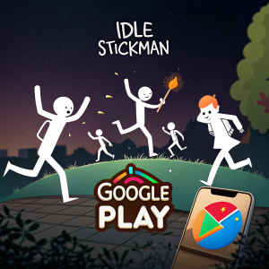 An animated scene featuring Idle StickMan app. Stick figures in active, playful poses. Vibrant branding with clear download prompts. Dark background, app icons and Google Play logo highlighted