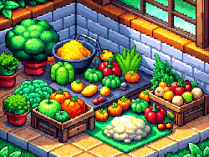 a clean big  vegetable-garde. lot of fresh vegetables. main color red and animals