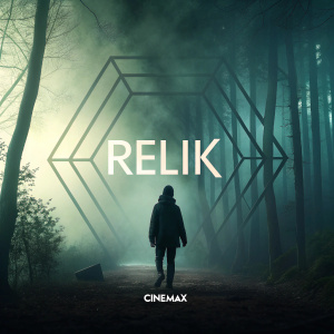 Promotional poster for the TV series 'Rellik'. Dark and enigmatic design with blurred geometric shapes forming the word 'Rellik'. Foggy, eerie background with green and grey tones. Cinemax logo prominently displayed at the bottom.