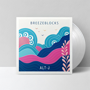 A digital album cover for 'Breezeblocks' by Alt-J. Vibrant colors, abstract shapes in hues of blue and pink. Set against a white backdrop.