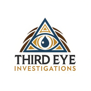 Logo for a private investigation firm, Third Eye Investigations. Modern graphic design featuring a stylized eye and tear drop symbol in brown, gold, and blue colors, paired with a bold, sleek font.