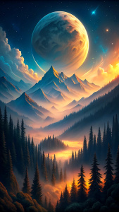 full moon in the mountains, night sky, 2d anime art, wallpaper