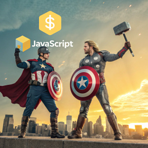 Diseño gráfico en español. Capitán América y Thor con logos de JavaScript, en una temática de superhéroes
