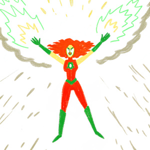 Illustration of Emberhawk, a female superhero with fiery red hair and a powerful stance. She wears a sleek red bodysuit with metallic accents and glowing flame effects. Set against a vivid, energetic background of swirling flames.