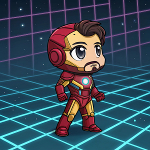 Chibi-style illustration of Tony Stark in his iconic Iron Man suit. Set against a pixelated, neon-themed backdrop with a grid pattern, evoking a video game aesthetic.