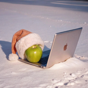 A green apple in a Christmas hat turns on a computer to work in the snow, the apple doesn't look like a human and the hat fits the apple, the computer screen is figma