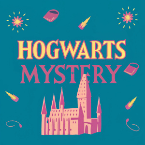 Hogwarts Mystery title screen. Vibrant color scheme. Title in bold, magical font. Illustrated style