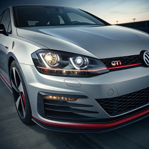 Radiant GTI model, headlights blending dark and silver. Bold red emblem, clear lens. Sleek, sophisticated, athletic design with wavy line detailing.